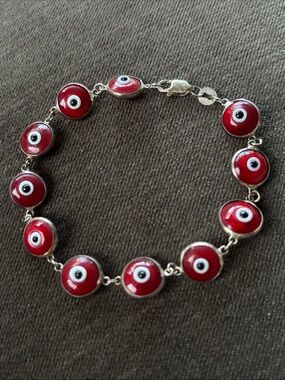 .925 Sterling Silver EVIL EYE BRACELET 8” Red Black White. Ward off bad mojo